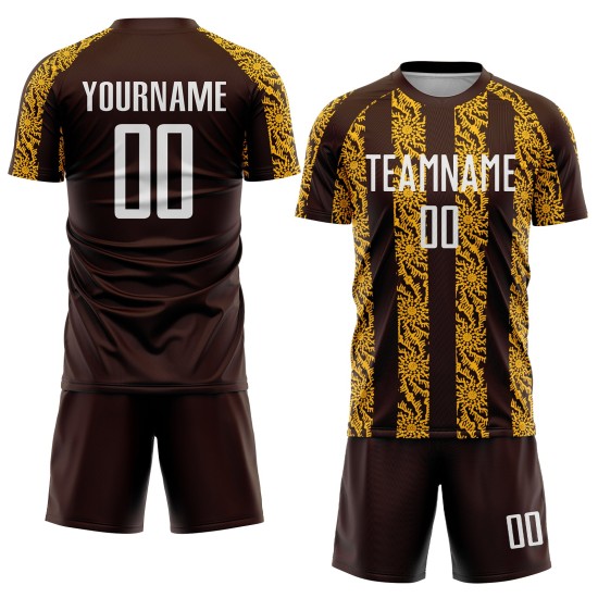 Maglia da calcio personalizzata con stampa a sublimazione di forma astratta marrone bianco-oro